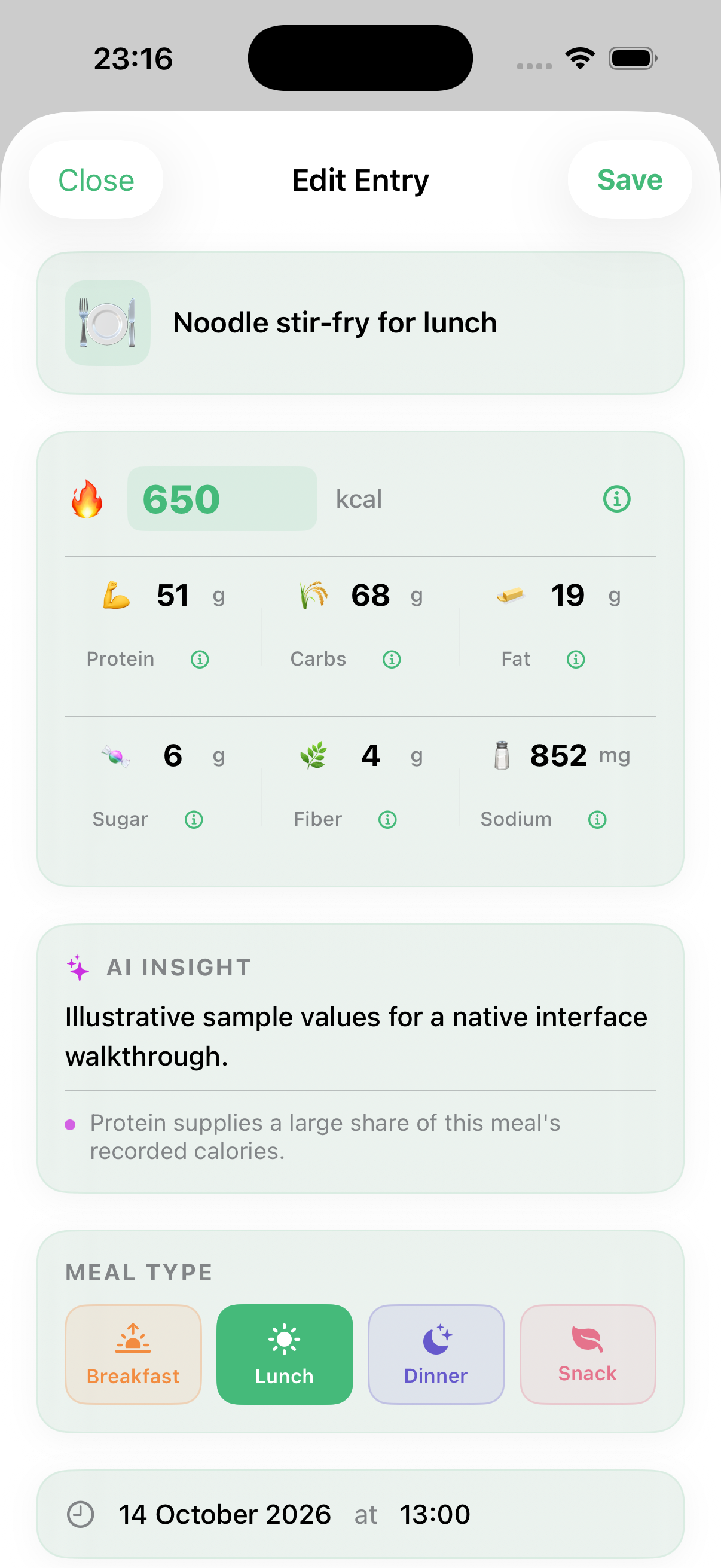 FuelForm Edit Entry component with editable sample calories and macros and the Save control