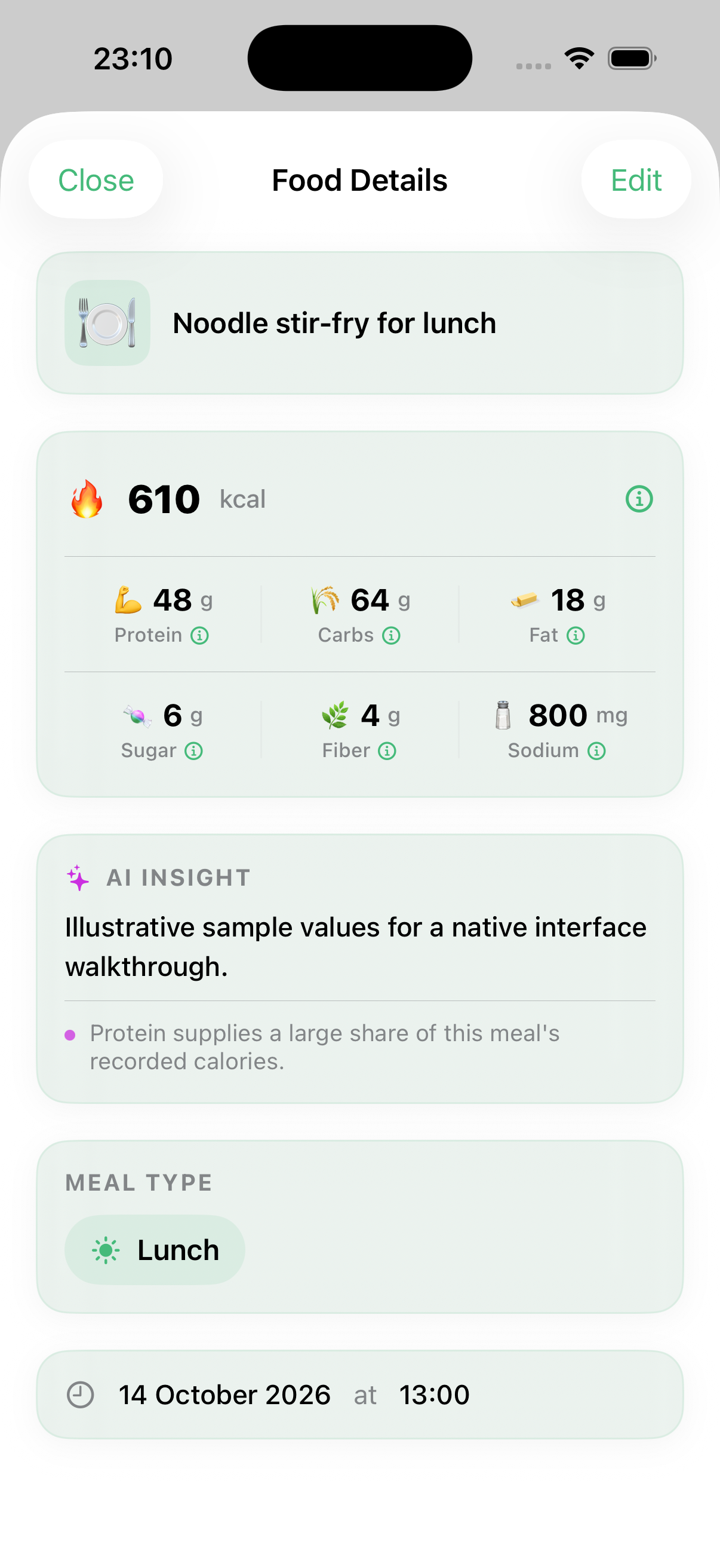 FuelForm Food Details component showing the sample noodle stir-fry nutrition breakdown