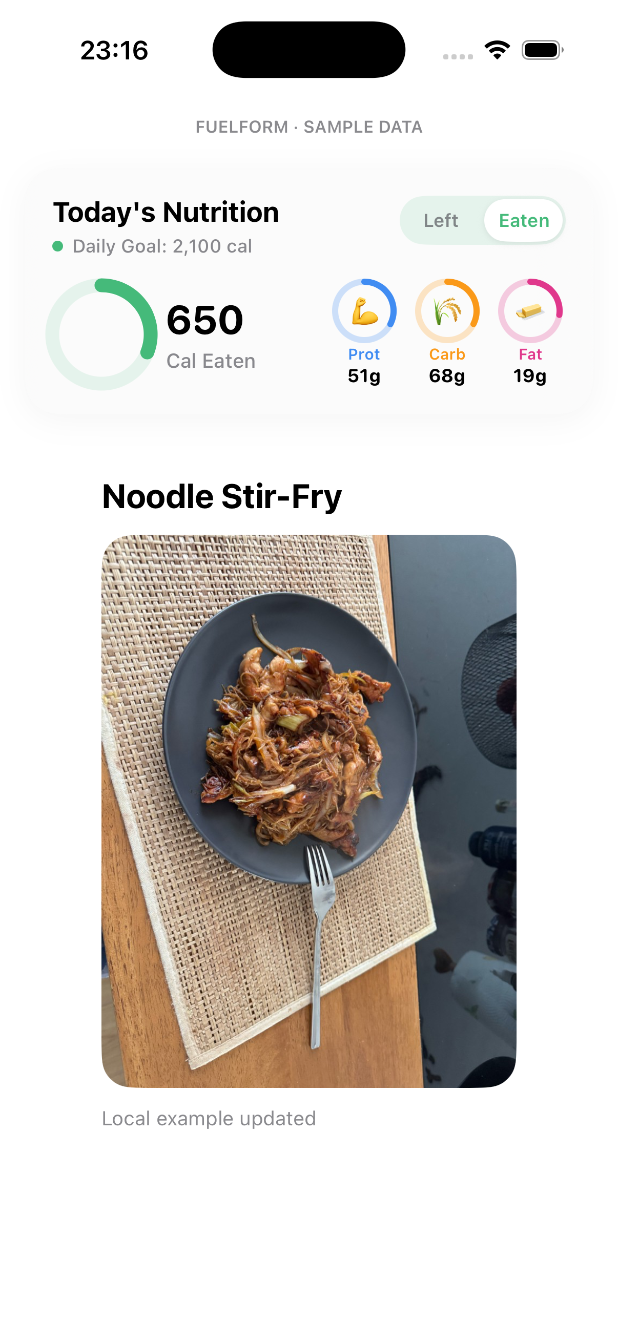 FuelForm Eaten summary after the local sample edit showing 650 Calories, 51 grams protein, 68 grams carbs and 19 grams fat
