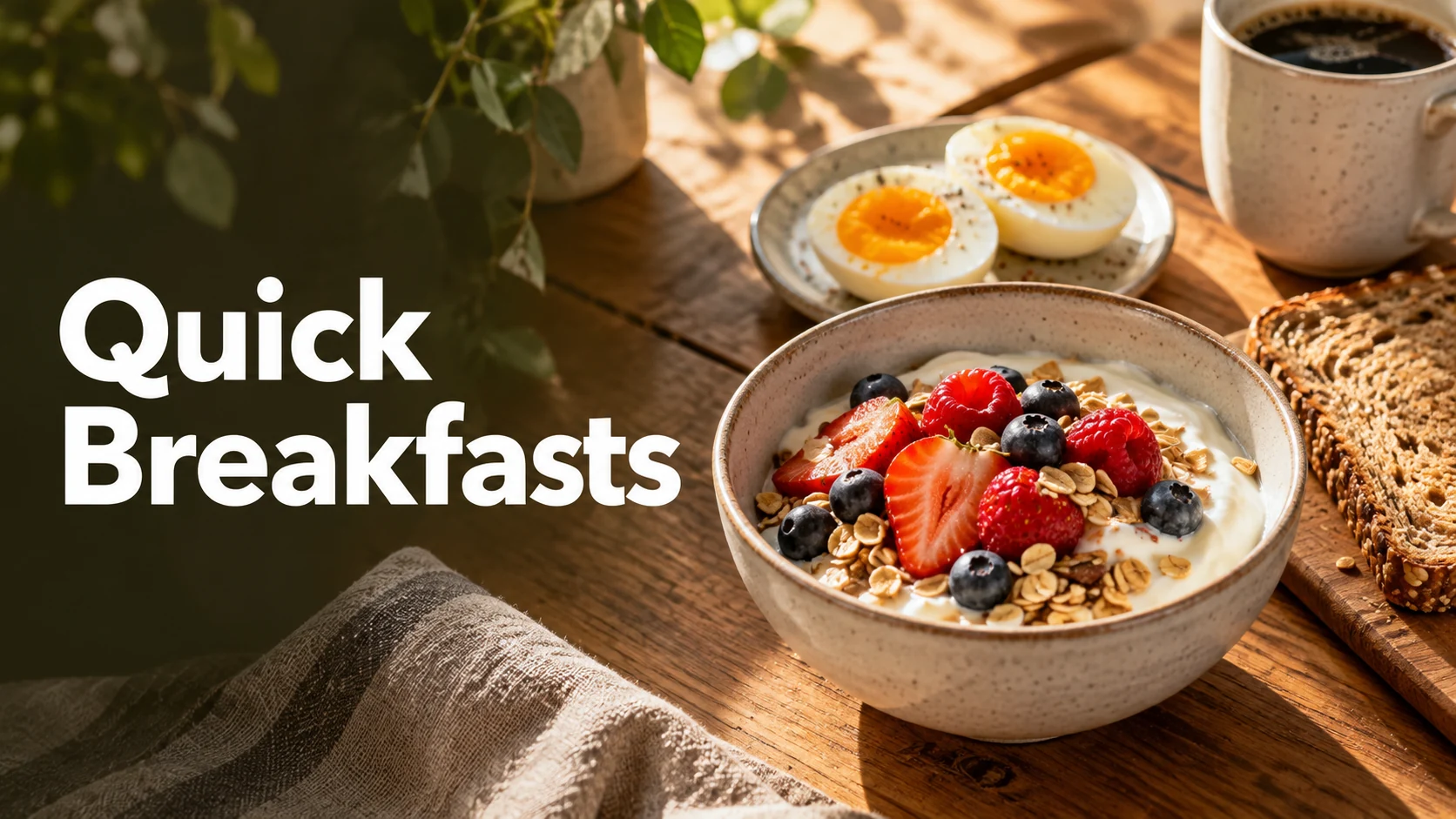 Editorial illustration of yogurt with berries and oats, boiled eggs and whole-grain toast as breakfast ideas