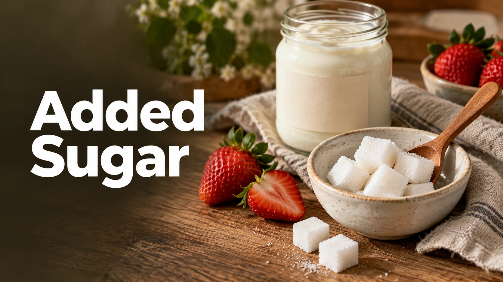 Editorial illustration of sugar cubes, strawberries and plain yogurt for an article about added sugar