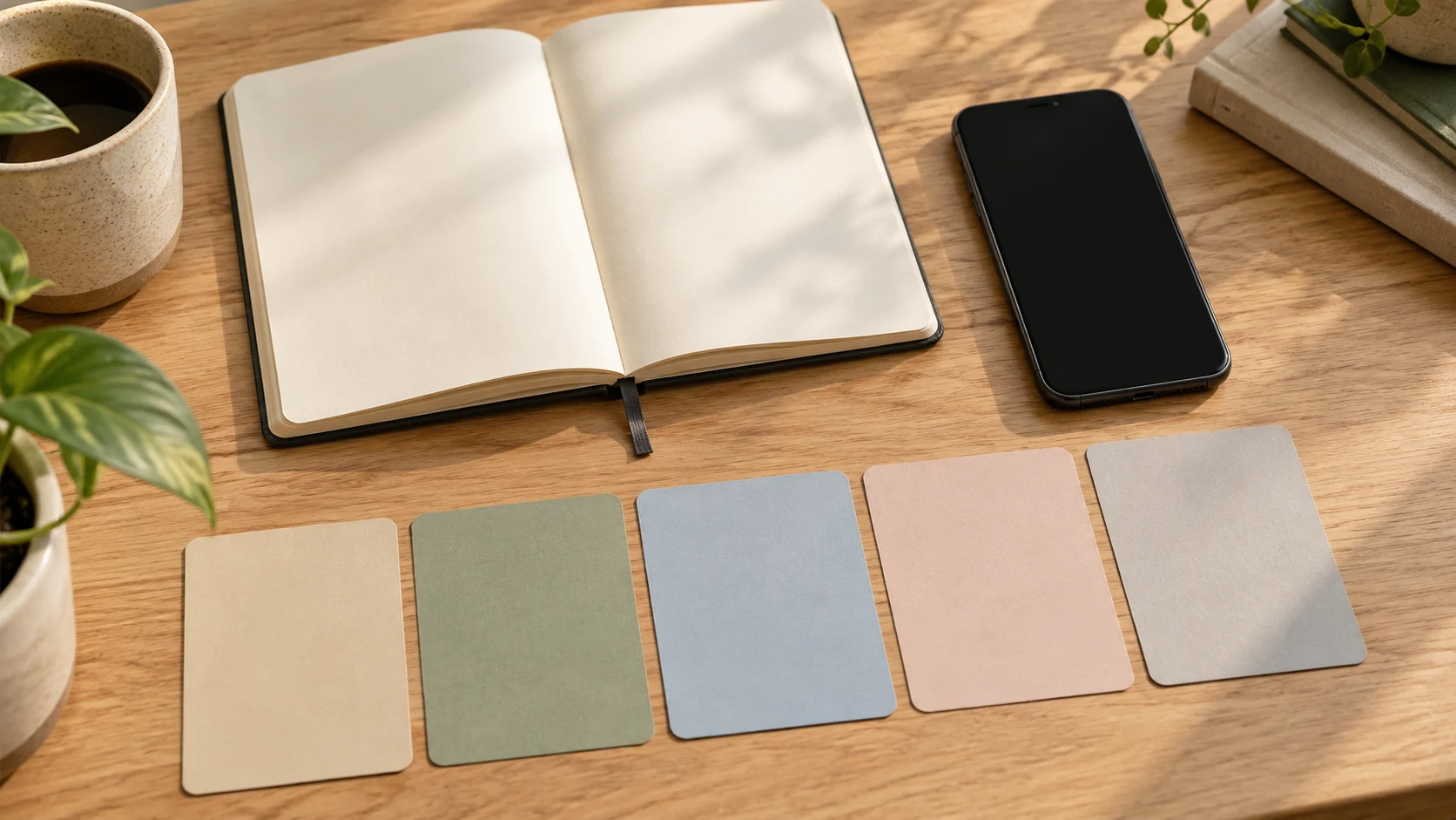 Editorial illustration of an unbranded phone, blank notebook and five colored comparison cards on a desk.