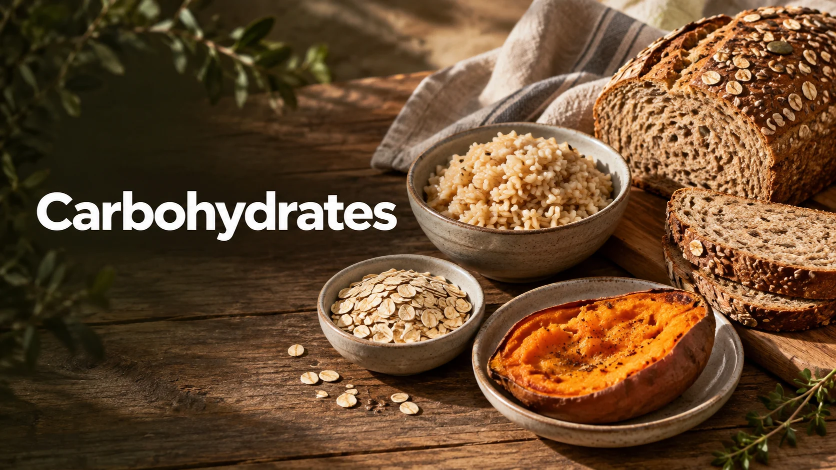 Editorial illustration of whole-grain bread, oats, brown rice and sweet potato as carbohydrate food sources