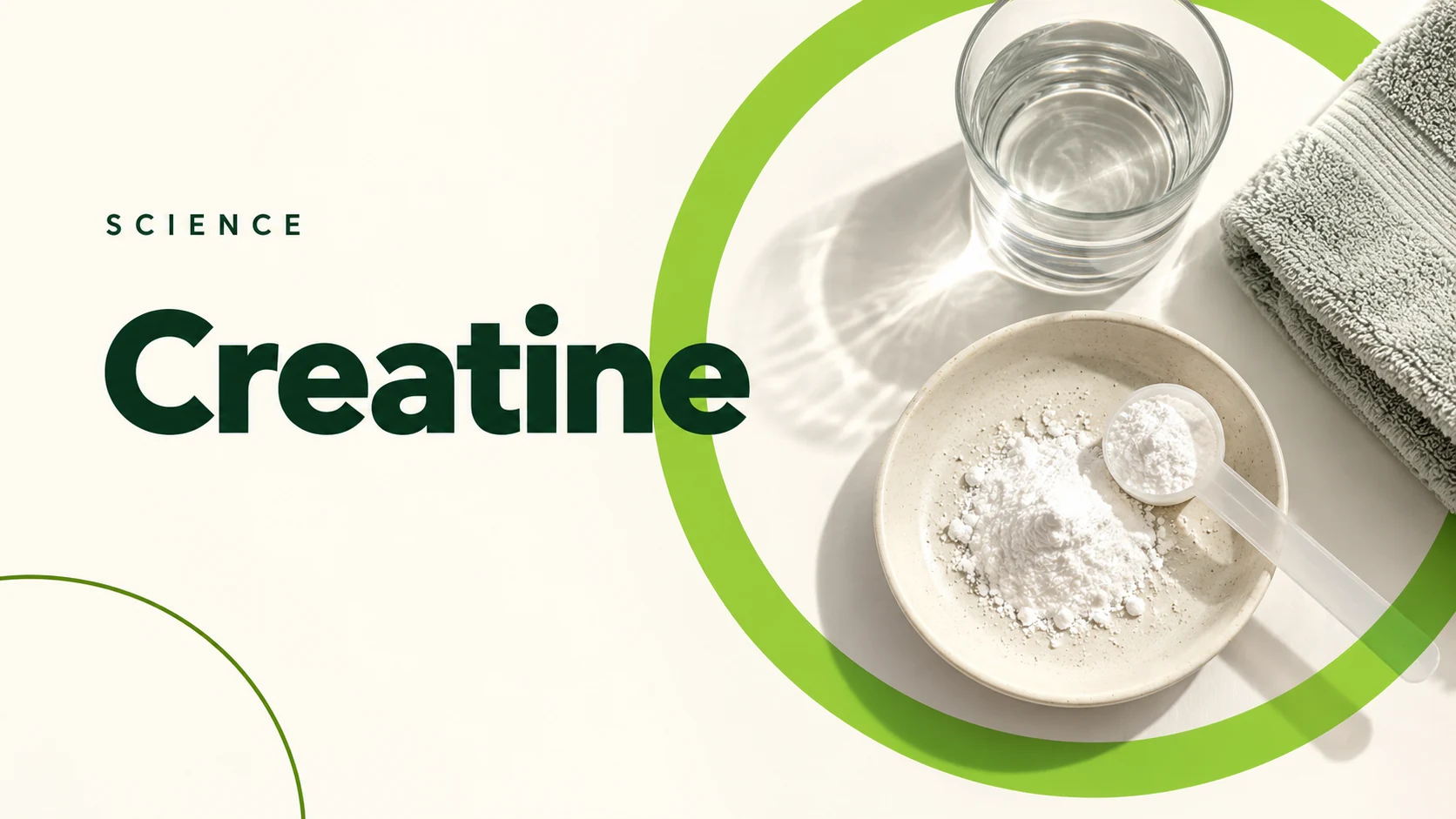 Editorial illustration of plain white powder, a scoop, a water glass and a gym towel for an article about creatine