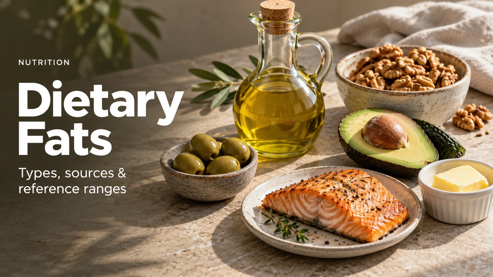 Editorial illustration of olive oil, avocado, walnuts, olives, salmon and butter as different dietary fat sources