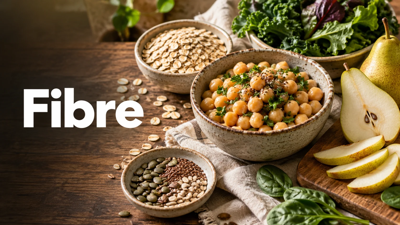 Editorial illustration of chickpeas, oats, a sliced pear and leafy greens as fibre-rich food sources