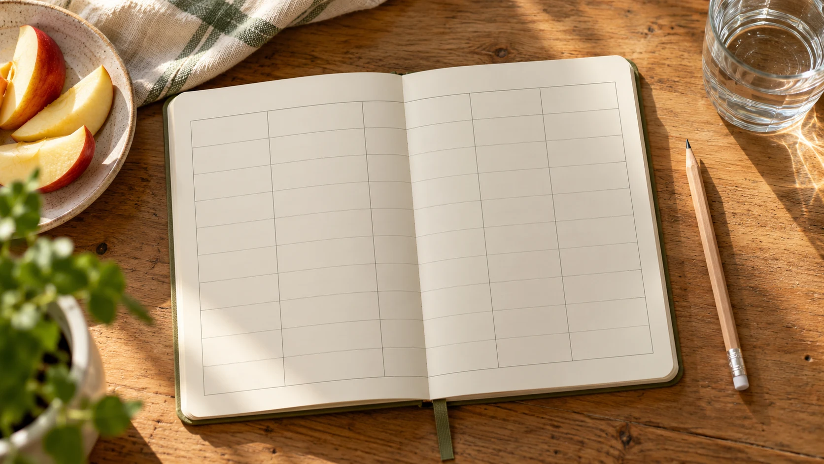 Editorial illustration of a blank ruled food journal, pencil, water glass and apple slices on a kitchen table