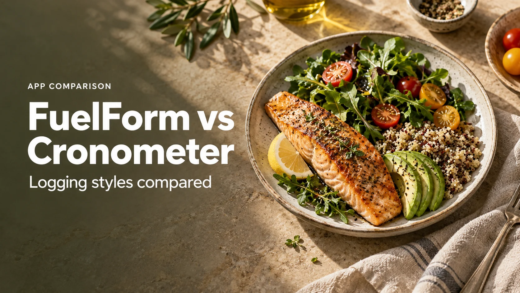 Editorial illustration for FuelForm vs Cronometer, with salmon, quinoa, leafy greens, tomatoes and avocado