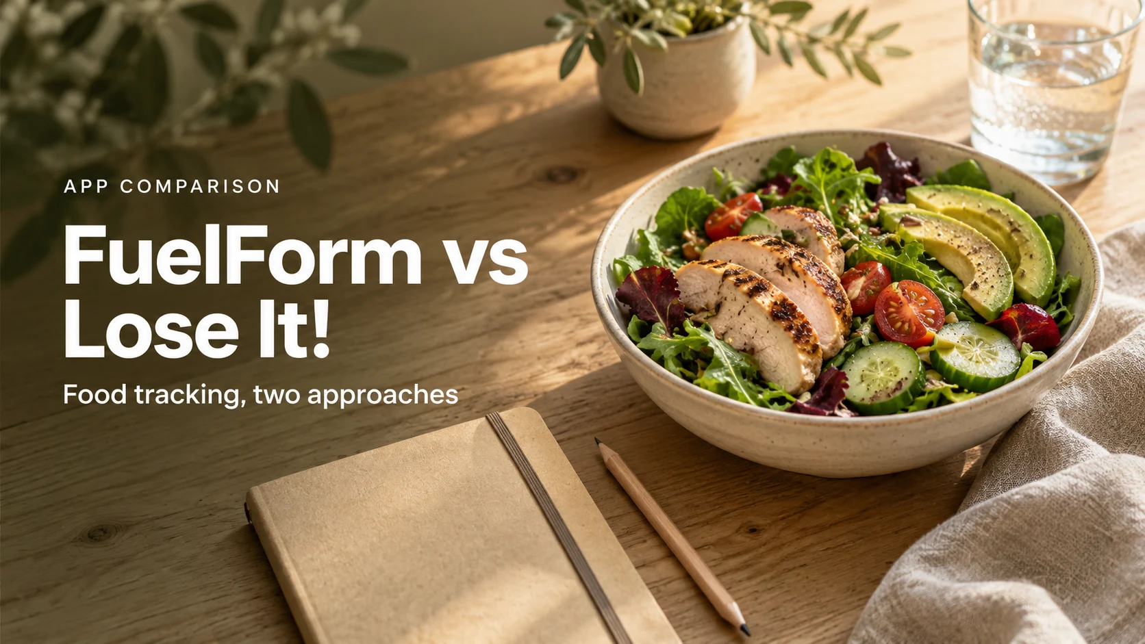 Editorial illustration for FuelForm vs Lose It, with a chicken salad bowl, a paper food journal and a pencil