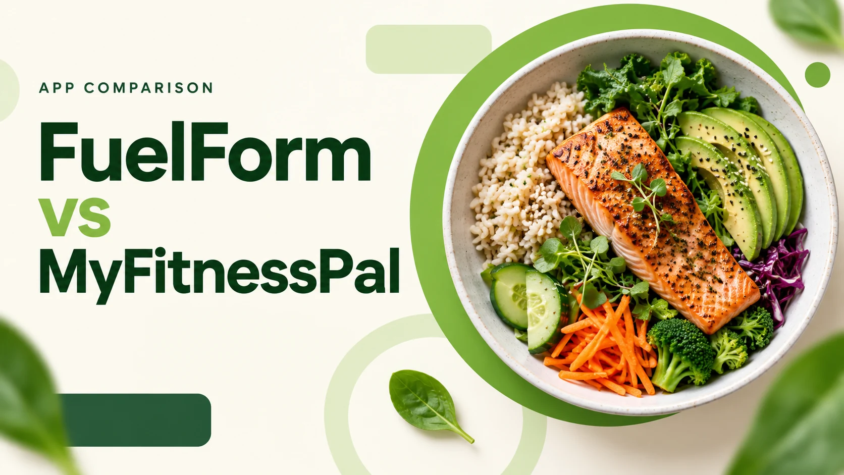 Editorial illustration for FuelForm vs MyFitnessPal, with a salmon, rice and vegetable bowl in a green circular frame