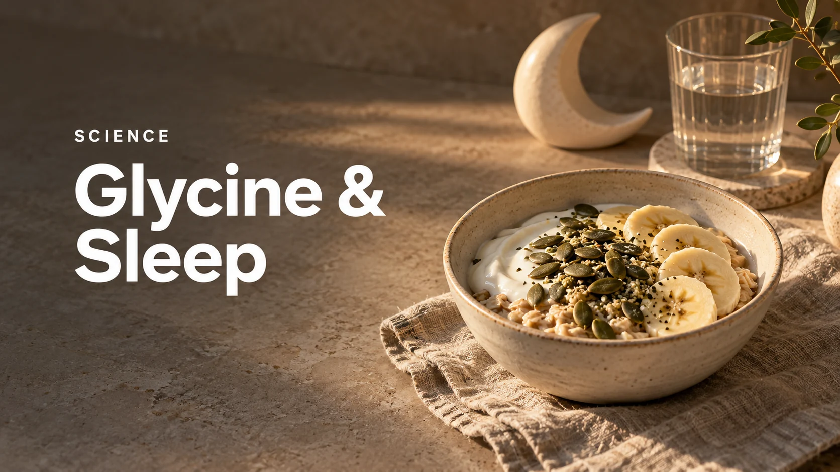 Editorial illustration of yogurt, banana and pumpkin seeds beside a moon-shaped ceramic object for glycine and sleep research