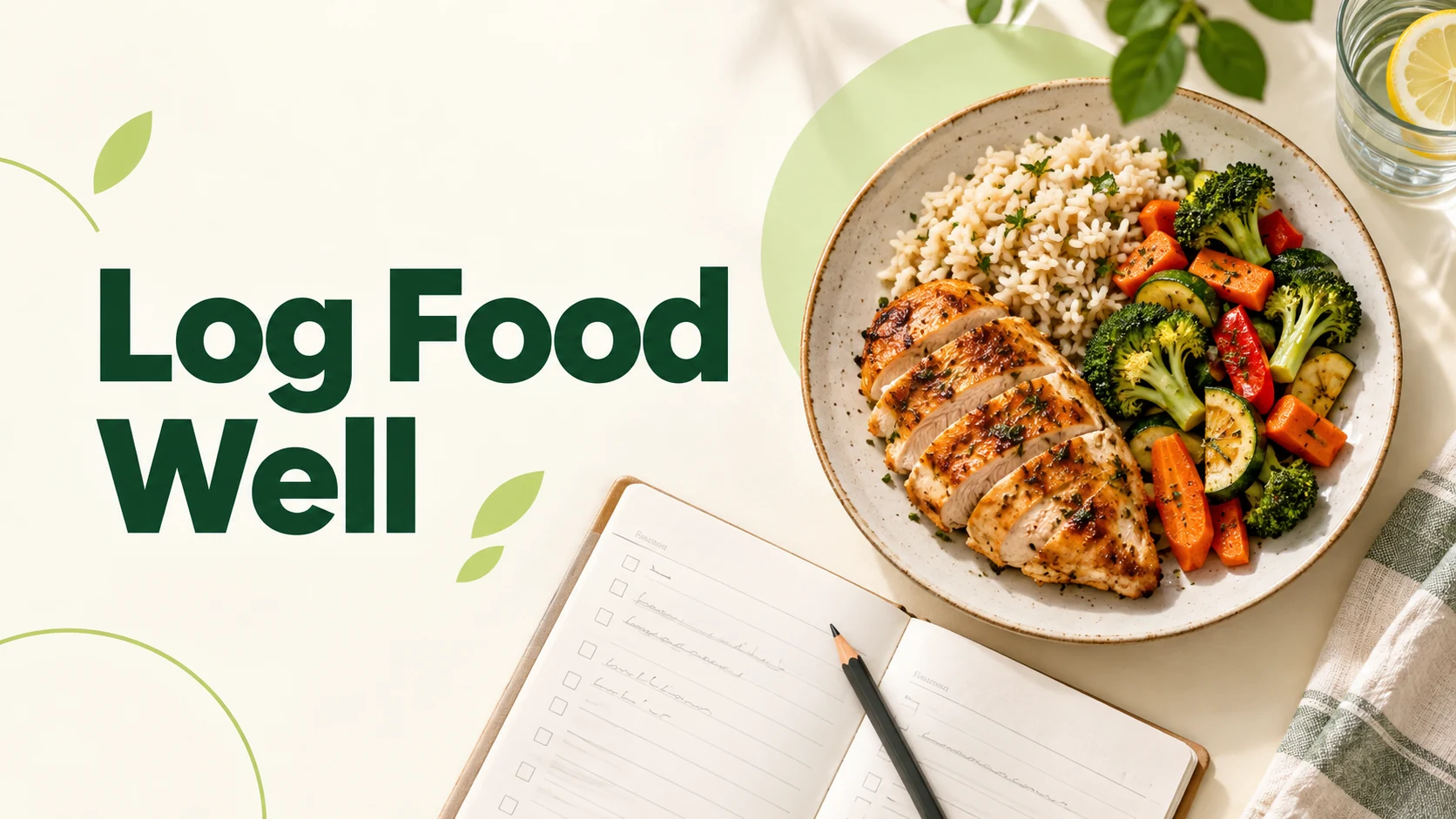 Editorial illustration of a chicken, rice and vegetable meal beside an open food diary and pencil