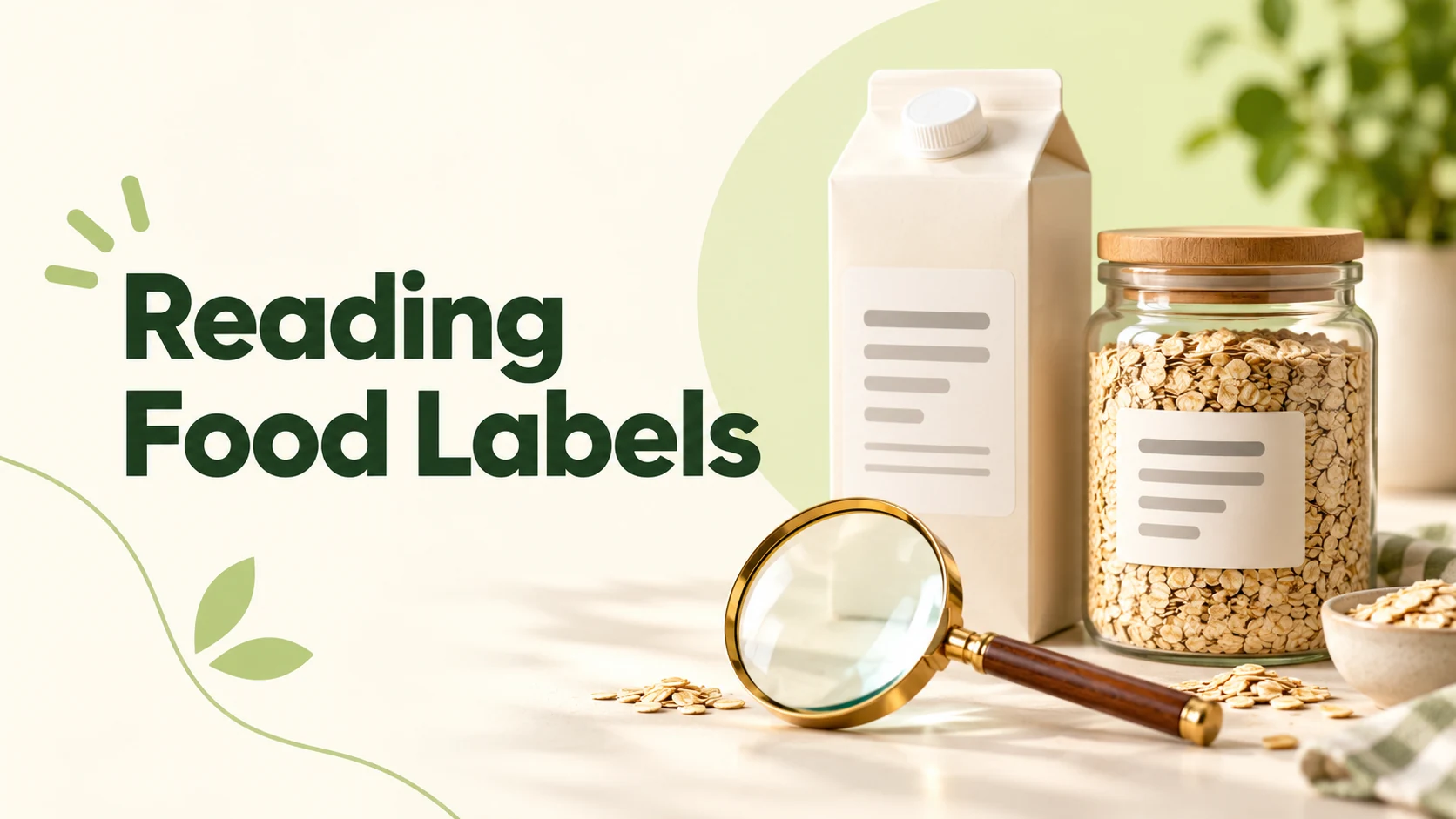 Editorial illustration of unbranded food packaging, abstract labels and a magnifying glass for nutrition label reading
