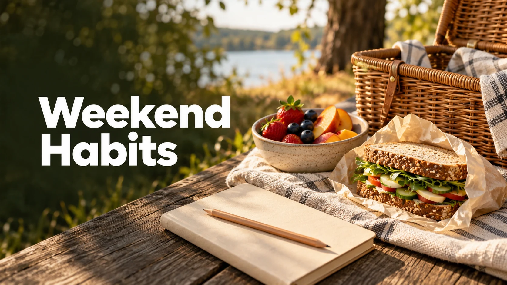 Editorial illustration of a picnic basket, a sandwich, fruit and a notebook for flexible weekend food habits