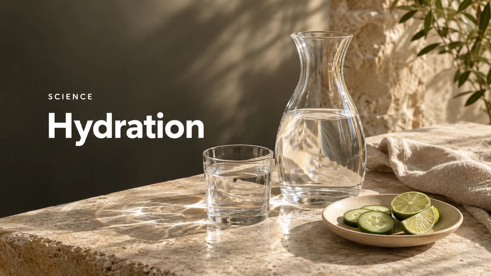 Editorial illustration of a water carafe and tumbler beside cucumber and lime slices for an article about hydration