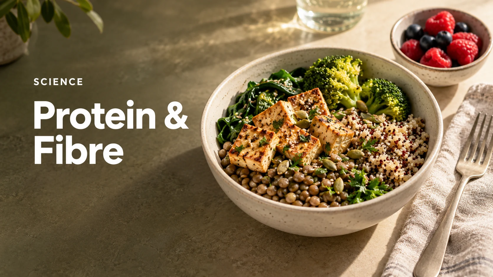 Editorial illustration of tofu, lentils, grains and green vegetables for an article about protein and fibre on GLP-1 medication