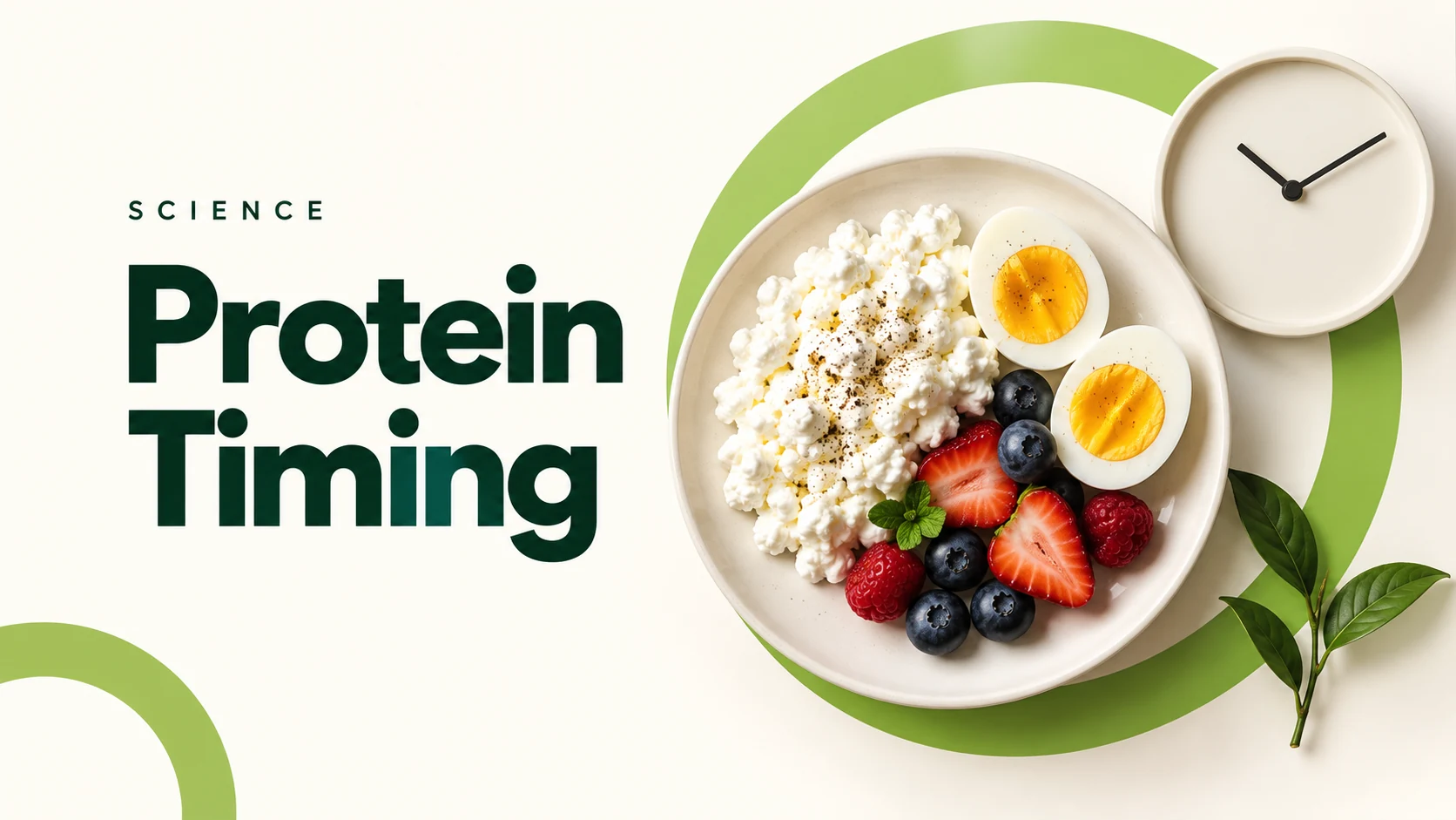 Editorial illustration of cottage cheese, an egg and berries beside an unnumbered clock for an article about protein timing