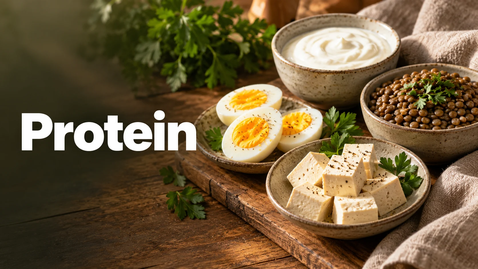 Editorial illustration of eggs, tofu, plain yogurt and lentils as everyday protein food sources