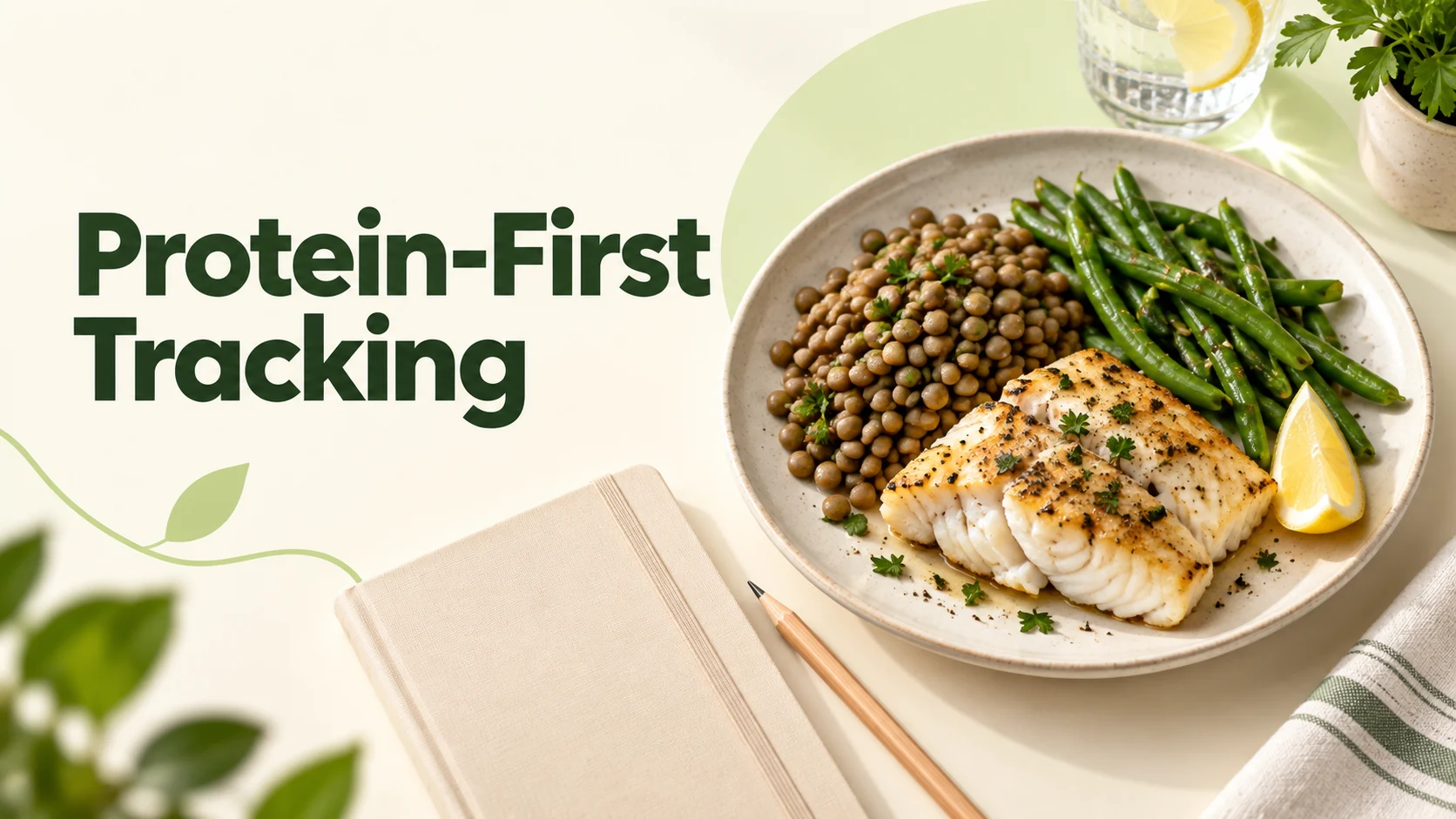 Editorial illustration of fish, lentils, green beans and a paper food journal for protein-first food tracking
