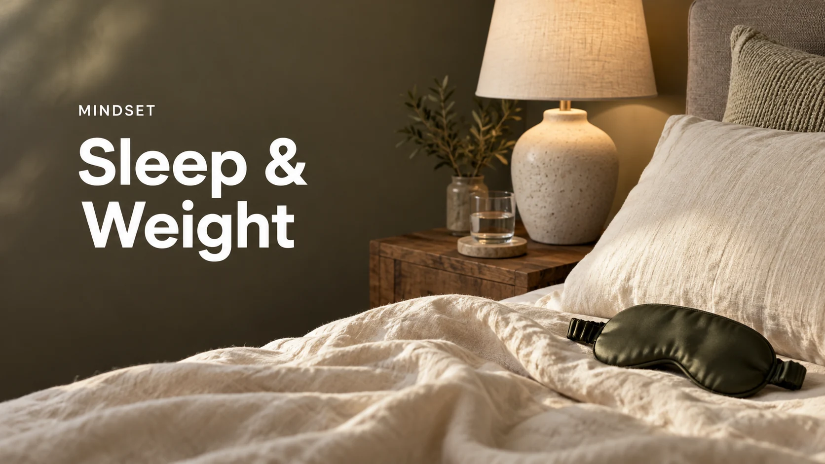 Editorial illustration of a linen pillow, a sleeping mask and a bedside lamp for an article about sleep and weight