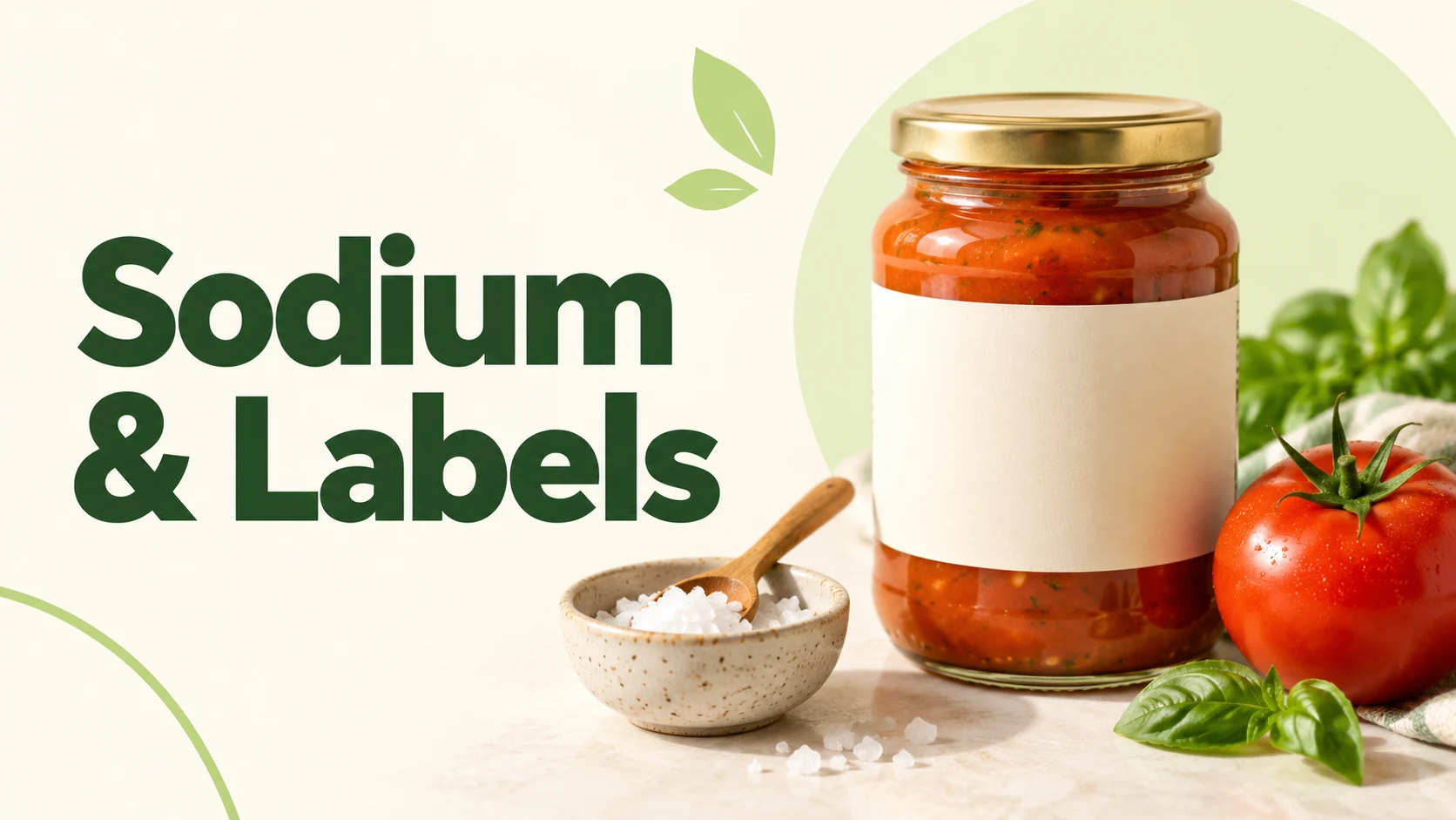 Editorial illustration of salt, a tomato and an unbranded food jar with a blank label for sodium and label reading