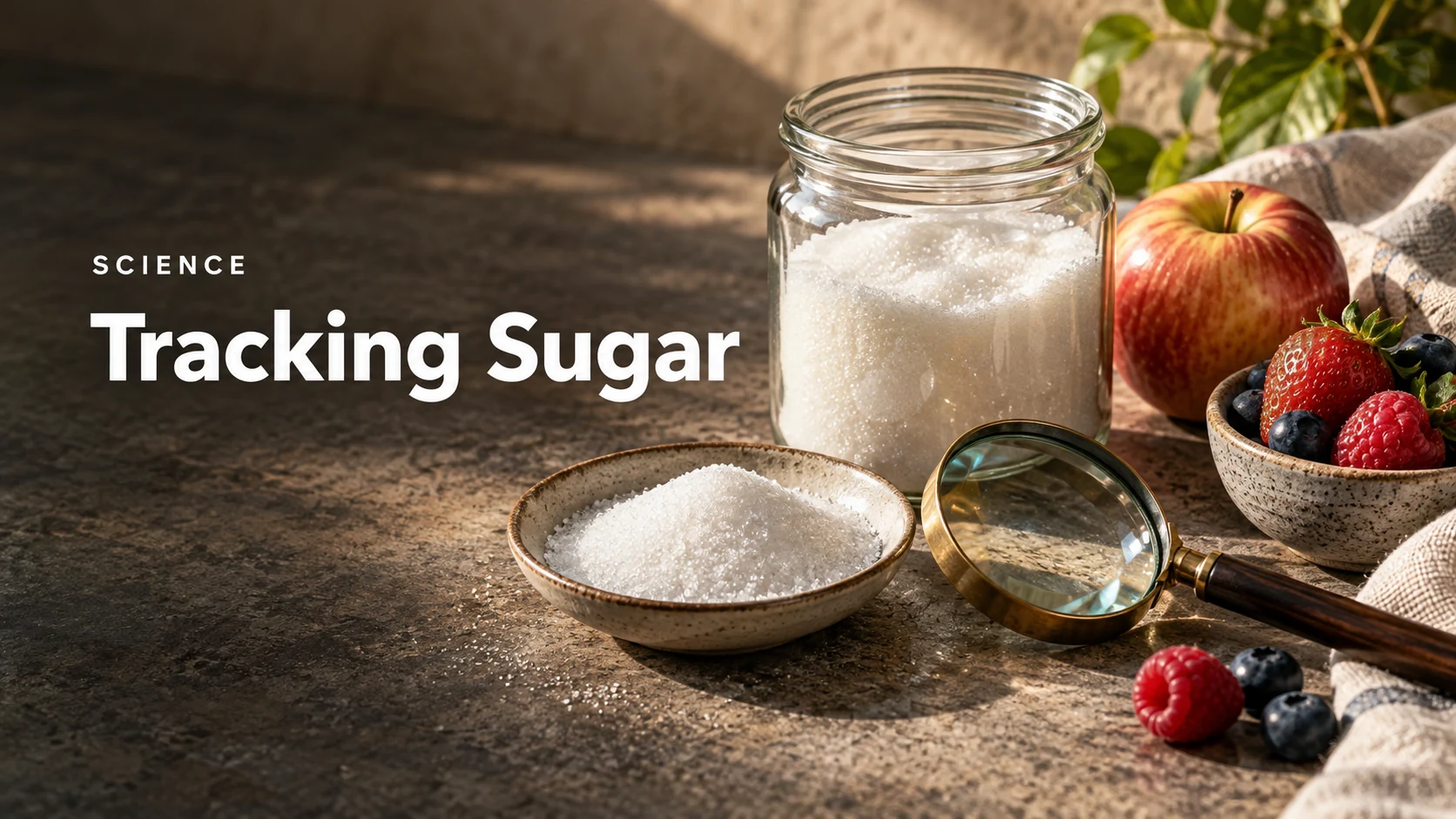 Editorial illustration of sugar, an apple, berries and a magnifying glass for an article about tracking sugar intake