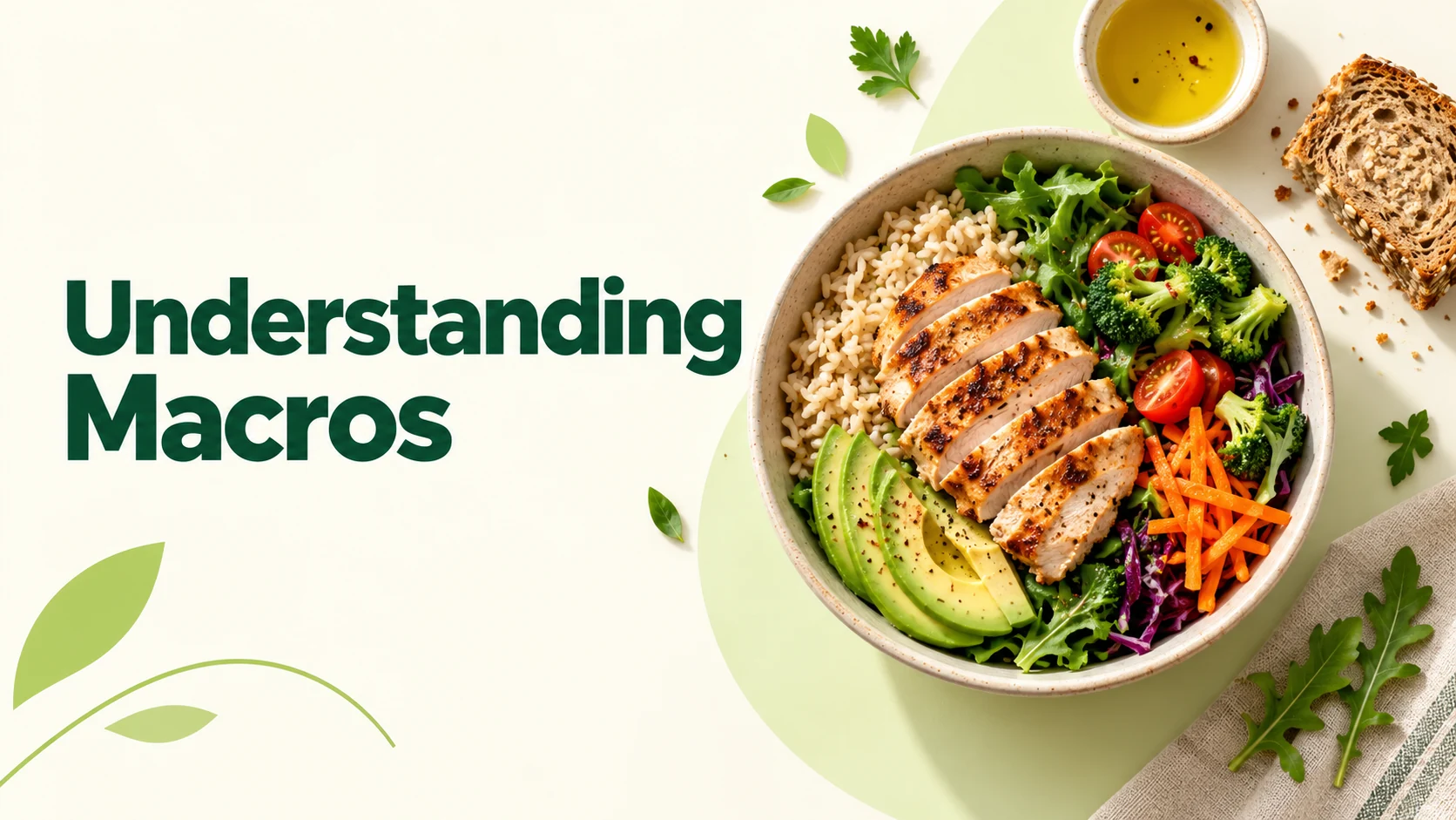 Editorial illustration of chicken, brown rice, vegetables, avocado, olive oil and bread for understanding macronutrients