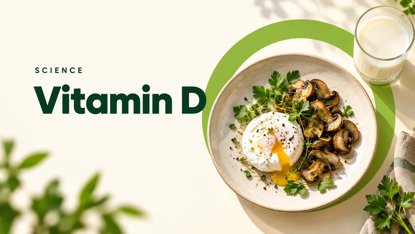 Editorial illustration of an egg, mushrooms and a glass of milk for an article about vitamin D