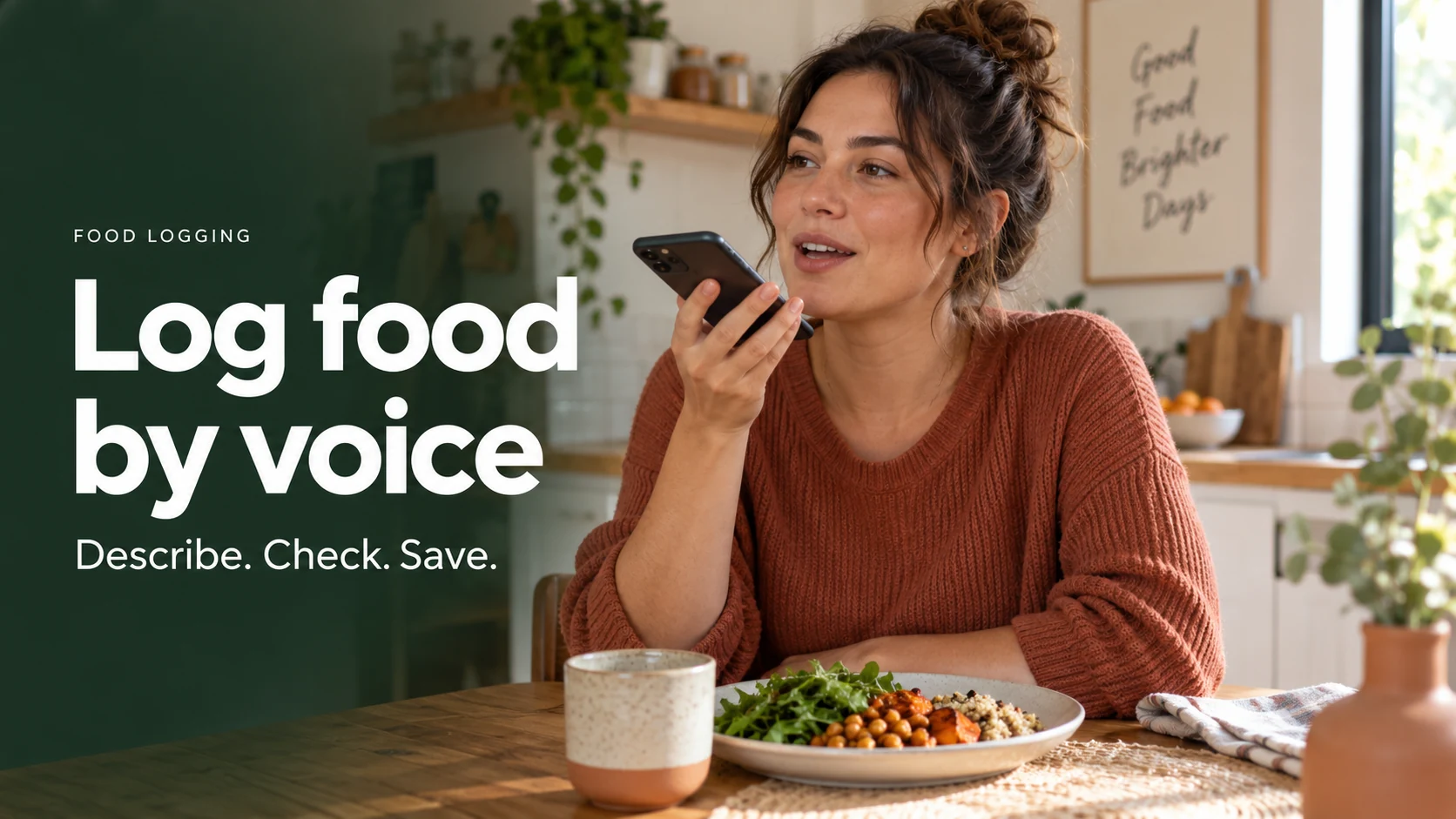 AI editorial illustration of a person describing lunch into an unbranded phone at a kitchen table