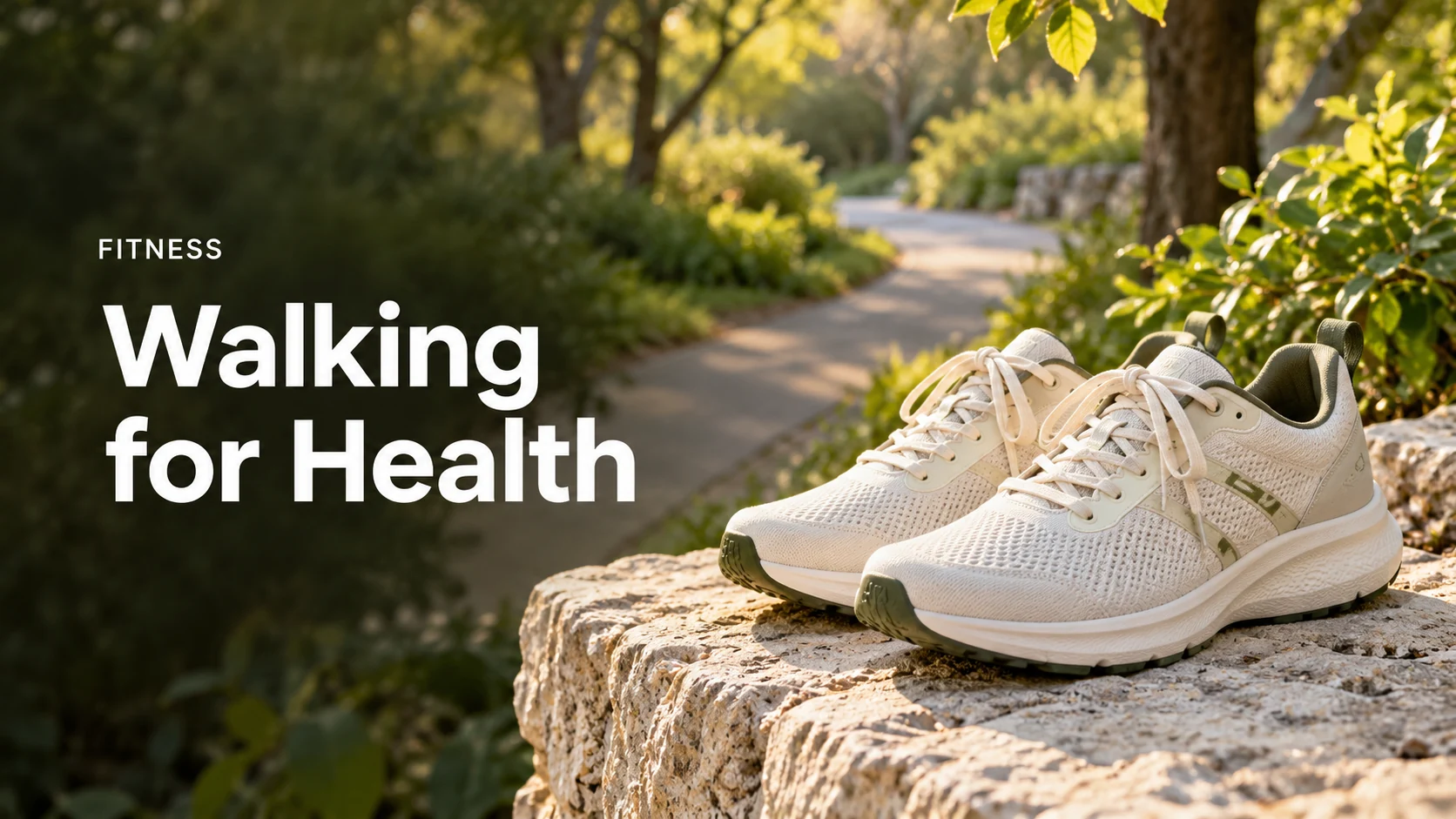 Editorial illustration of walking shoes beside a sunlit park path for an article about walking for health