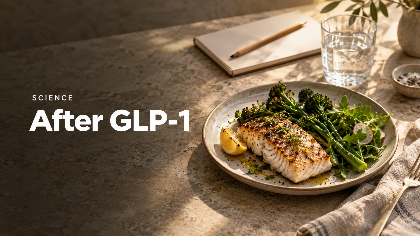 Editorial illustration of a fish and vegetable meal beside a notebook, for food tracking after GLP-1 medication