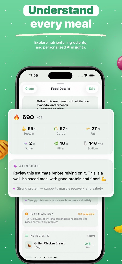 Detailed calories, macros, and nutrient breakdown for a meal