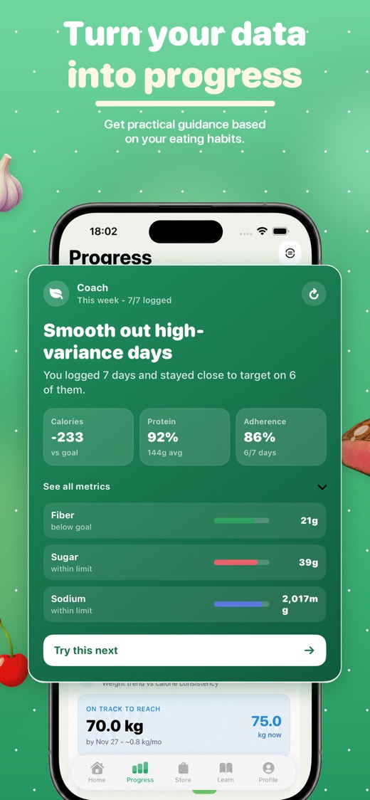 FuelForm progress coach showing nutrition patterns