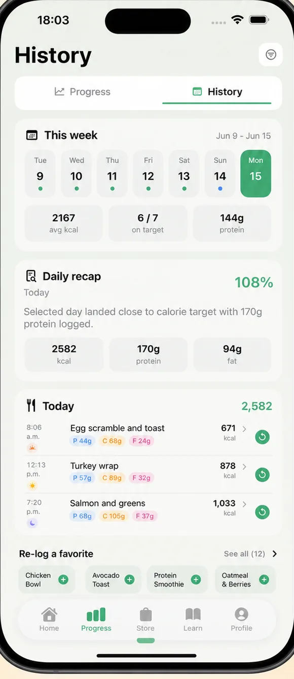 FuelForm history screen with a calendar of logged days and the meals recorded on the selected day.