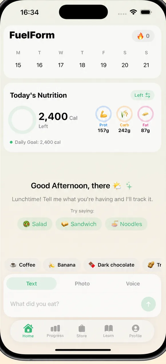 FuelForm home screen: a ring showing the day's remaining energy, protein, carbs and fat rings beneath it, and today's logged meals in a chat-style list.