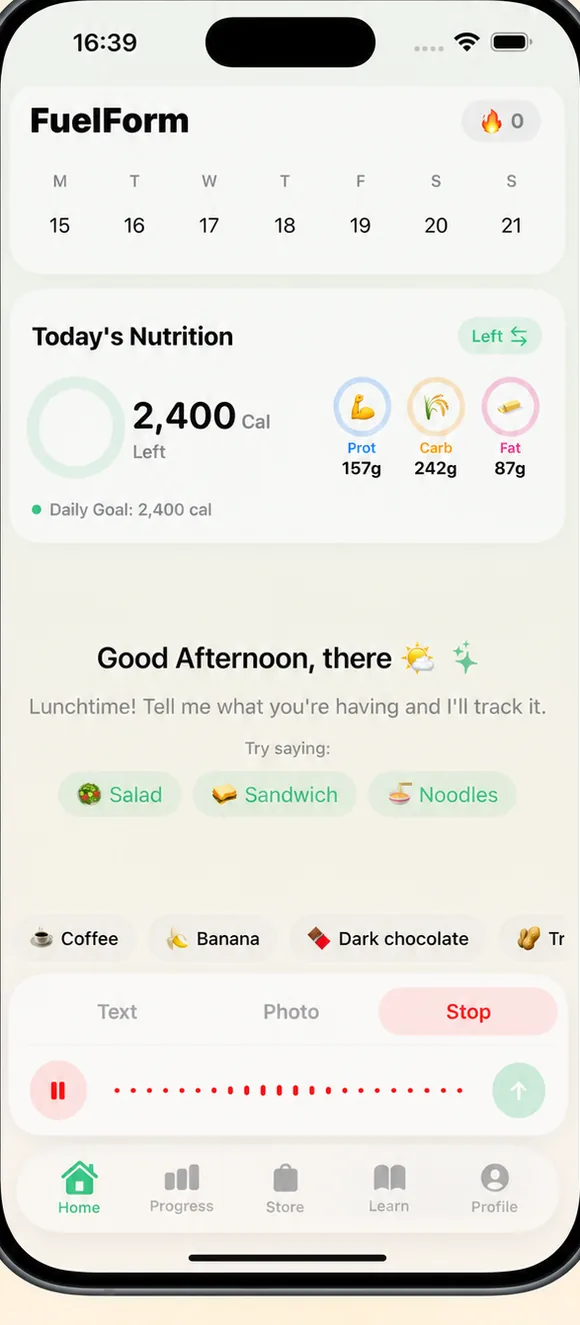 FuelForm logging screen with the text, photo and voice input tabs and a voice recording in progress beneath the day's totals.
