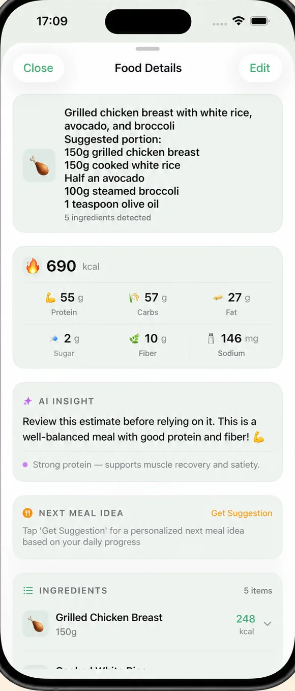 FuelForm meal detail screen listing each ingredient with its own energy and macro values, and an editable total at the top.